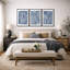 Ligne géométrique «Œuvre abstraite rayée bleu marine, images murales simples et contemporaines de chambre à coucher moderne, ensemble de 3 reproductions d'art sur toile encadrées»-94434517-119461146-94434518