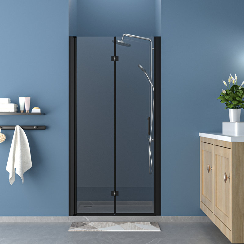 34 in.W x 72 in.H Bifold Frameless Glass Shower Door 1/4 in. Fold Glass Pivot Swing Shower Door, Matte Black