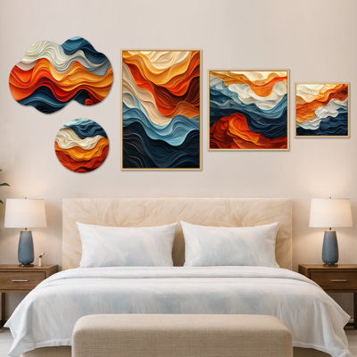 Orange & Blue Biomorphism Organic Forms I – Large Abstract Wall Art, Canvas and Metal Set of 5 (100" x 40")