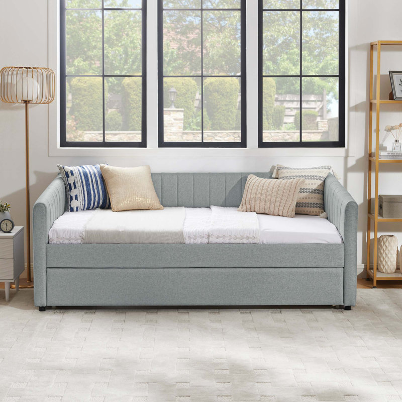 Lit de jour simple tapissier avec couchette coulissante, Gris