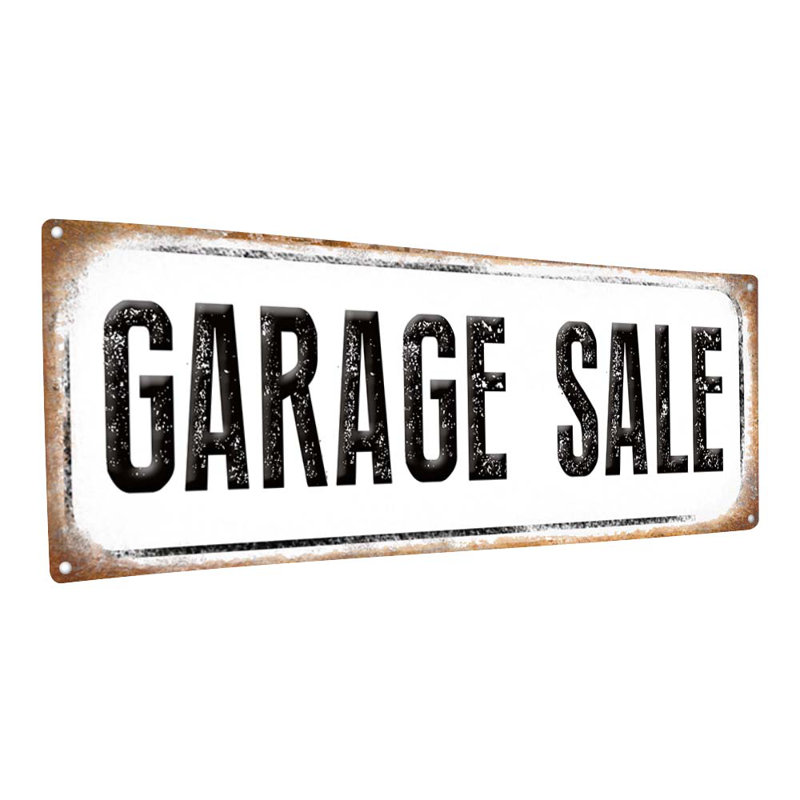 Enseigne métallique vieillie, vente de garage sur métal, H 5,75 po x l 15,5 po