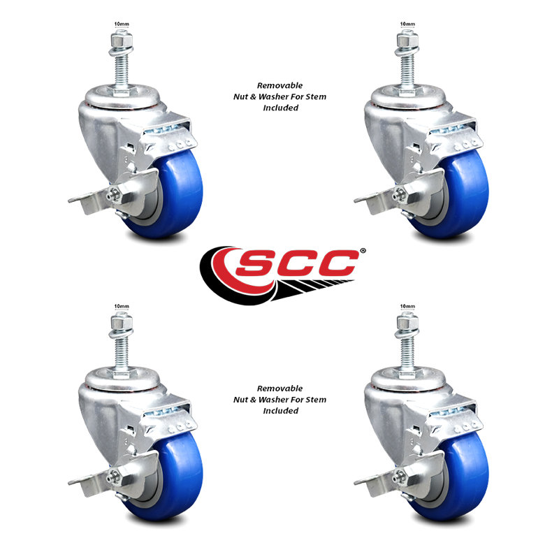 3 Inch_Polyurethane Swivel 10mm Threaded Stem Caster Set with Brake, Bleu