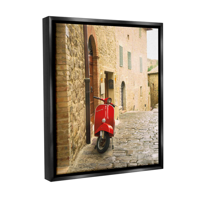 "Red Moped In City" par Aledanda sur toile, H 31 po x l 25 po, Cadre flottant noir de jais