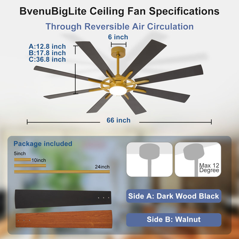 Ventilateur de plafond 8 pales 66 pouces avec lumière DEL Télécommande réversible à deux tons Pales du ventilateur noir et noyer