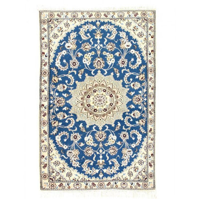 Tapis bleu clair / beige en laine / coton 2 pi 11 po x 4 pi 6 po Ramveer
