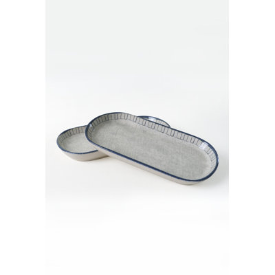 Ensemble d'assiettes élégantes en céramique (2 pièces), gris et bleu, 11,0 po x 5,5 po | 100% grès céramique, antibactérien et écologique | Va au lave-vaisselle et au micro-ondes, facile à nettoyer, parfait pour une utilisation quotidienne et pour recevoir