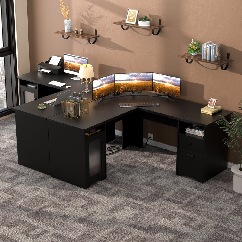 Detcho 60'' L Shaped Executive Desk with Drawers and Power Outlets, Black