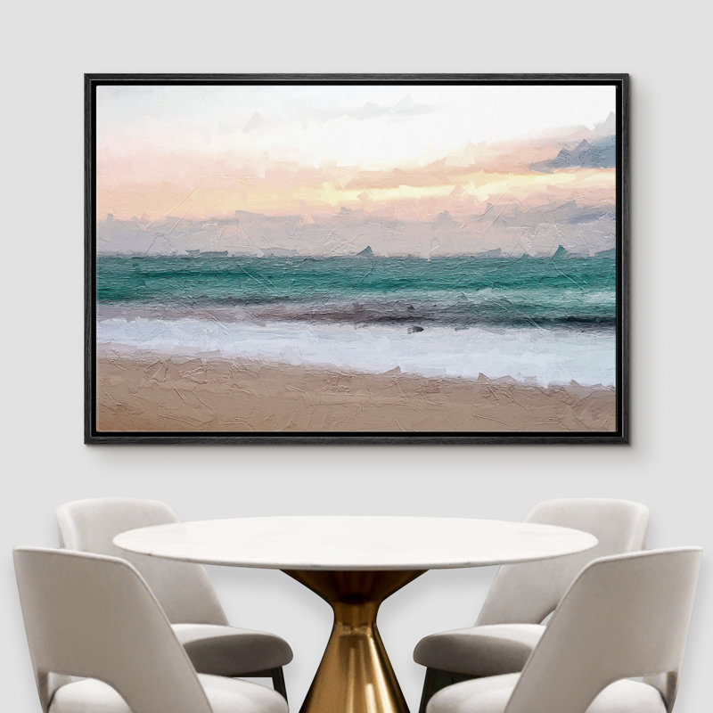 Plage côtière, ciel nuageux, océan bleu sarcelle et mousse sur la plage - peinture sur toile à cadre flottant, Cadre noir