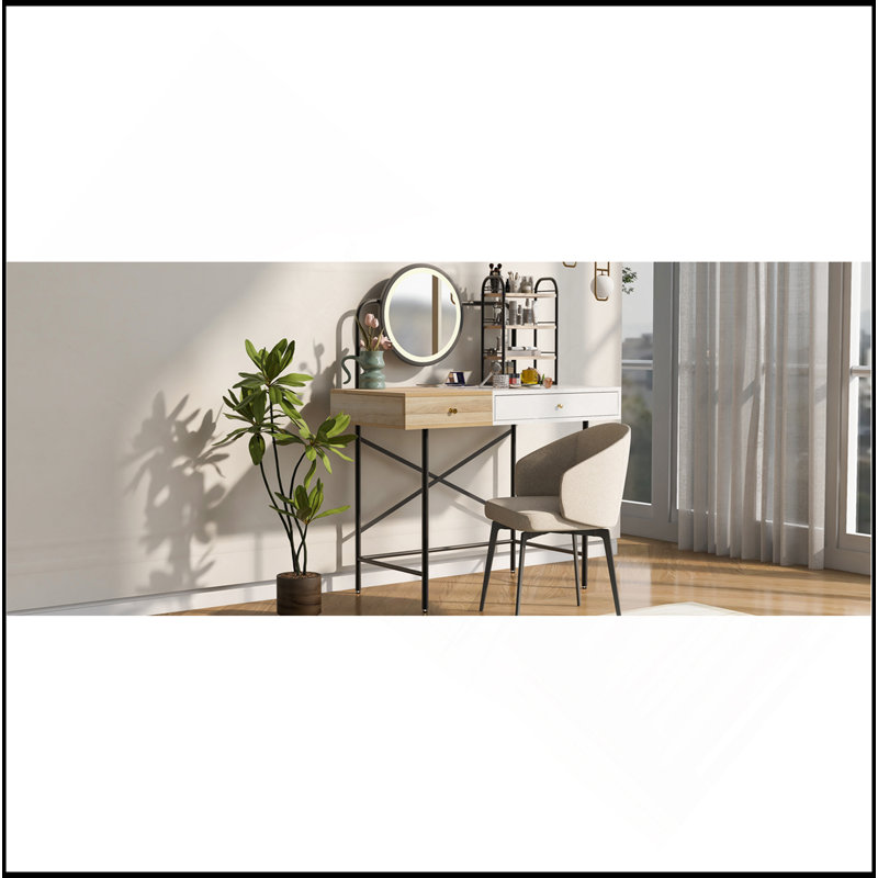 40" Makeup Vanity Desk With 3-Mode Lighted Mirror & Wireless Charging Station , Vanity Table With Drawer & 3 Open Shelves For Ample Storage Space, Dressing Table For Bedroom