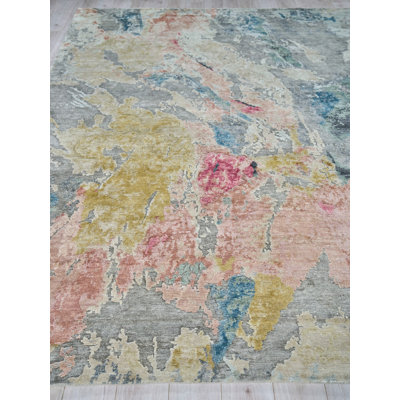 Exquisite Rugs Floor Art Handmade Hand Knotted Bamboo Silk Silver/Blush Area Rug