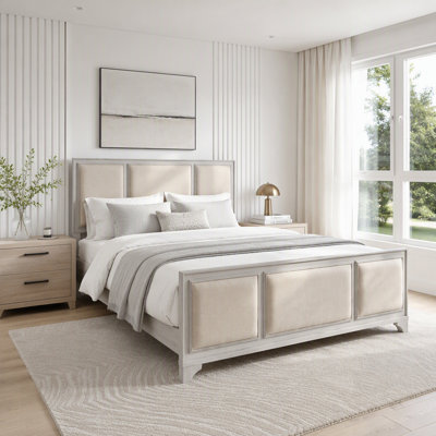 Wooden Bed Frame with Upholstered Headboard, Solid Wood Platform, Modern Farmhouse Style, Durable and Elegant