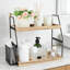 Organisateur de comptoir de salle de bain à 2 niveaux avec panier de rangement, tablette de meuble-lavabo en bois pour les soins de la peau et le maquillage, organisateur de comptoir peu encombrant-1690137295