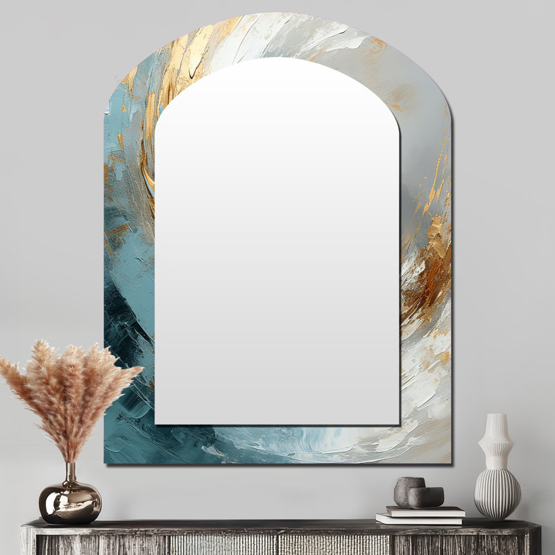 Gold and grey paint spiral whispers II - Abstract Spirals Asymmetrical Large Wall Mirror, Modern Arch Unique Mirror, Printed Metal Art