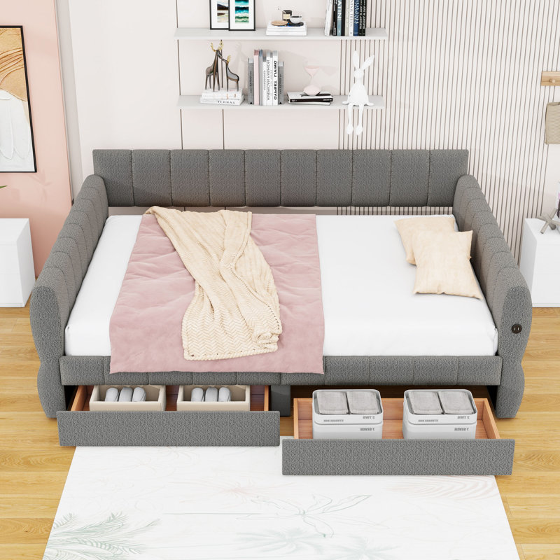 Queen Two Drawers Upholstered Platform Bed with USB, Gray