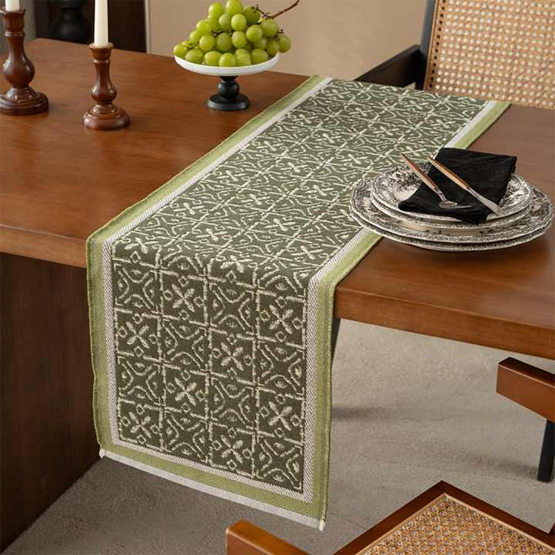 Chemin de table réversible en mélange de coton jacquard rétro l 14 po x L 72 po, Vert