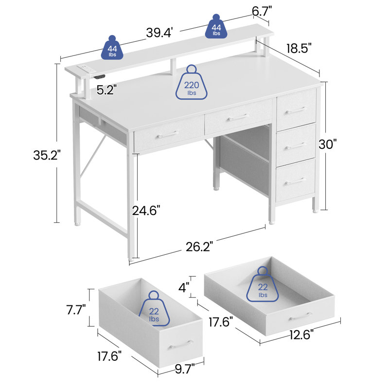 Computer Desk with Monitor Stand & Charging Station, Gaming Desk with LED Lights &  Drawers, 35.2" H x 39.4" W x 18.5" D