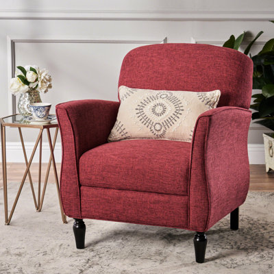 Fauteuil avec revêtement en tissu rouge, passepoil moyen, pieds tournés polis et courbe rétro, 30,19 po L 27,67 po. P 35,31 po. Accoudoirs courbés de style rétro classique, hauteur, profondeur, largeur