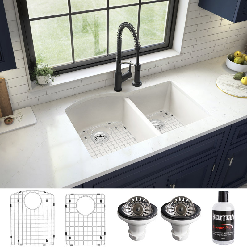 Karran Quartz 32'' X 21'' Double Bowl 60/40 Undermount Kitchen Sink Kit, White