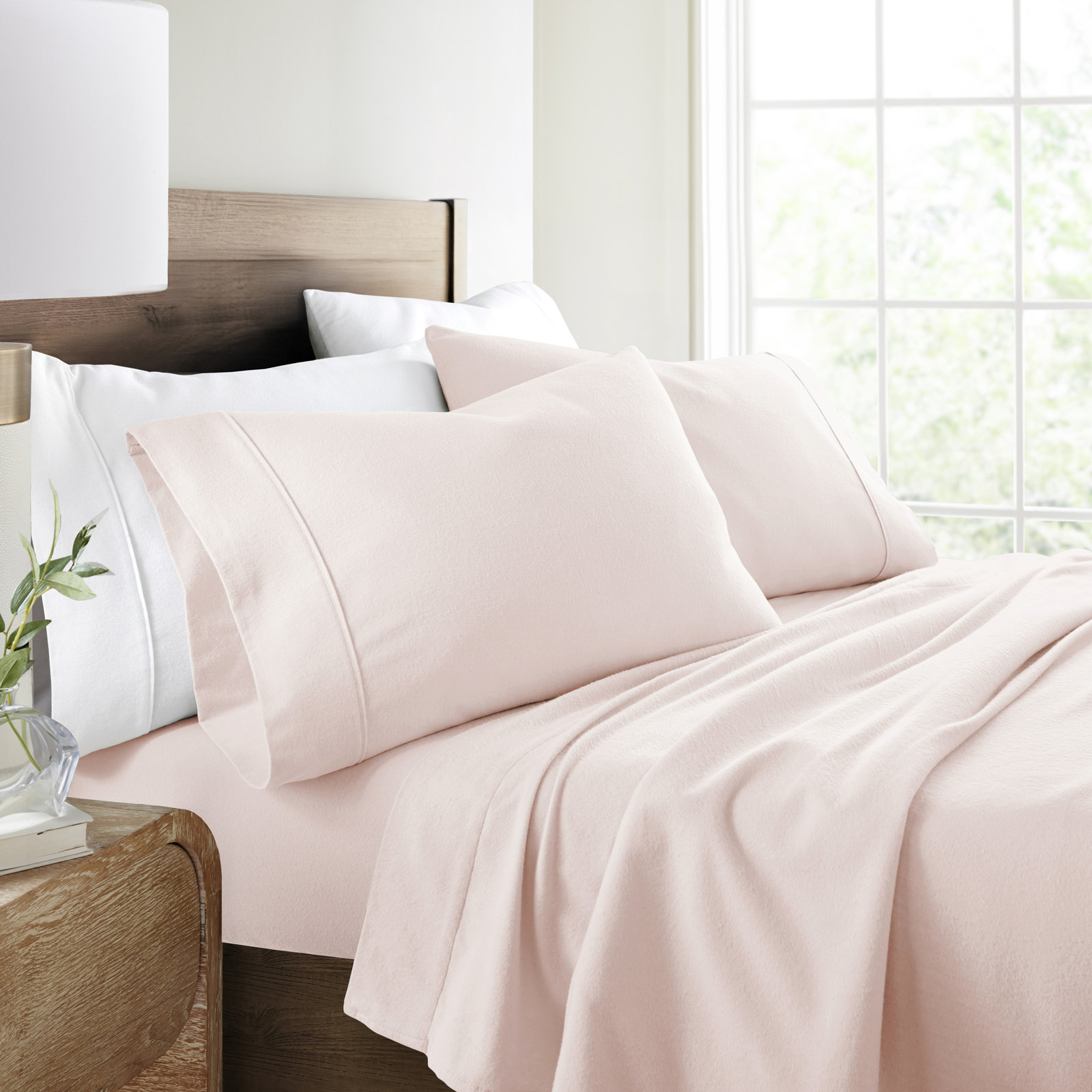 Rience 100% Cotton Solid Flannel Sheet Set, California King, Blush