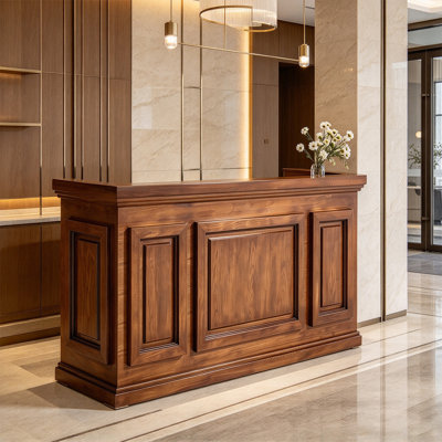 Traditional Solid Wood Reception Desk, Dark Walnut Finish with Raised Panel Design