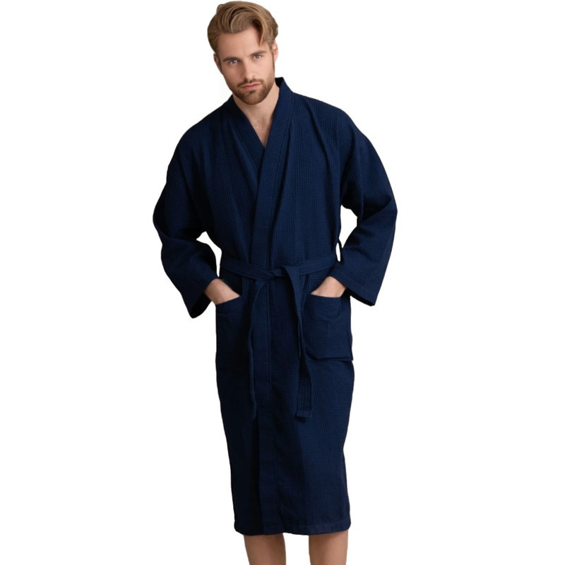 Peignoir mi-mollet avec poches Ellisurg Waffle, Bleu marine