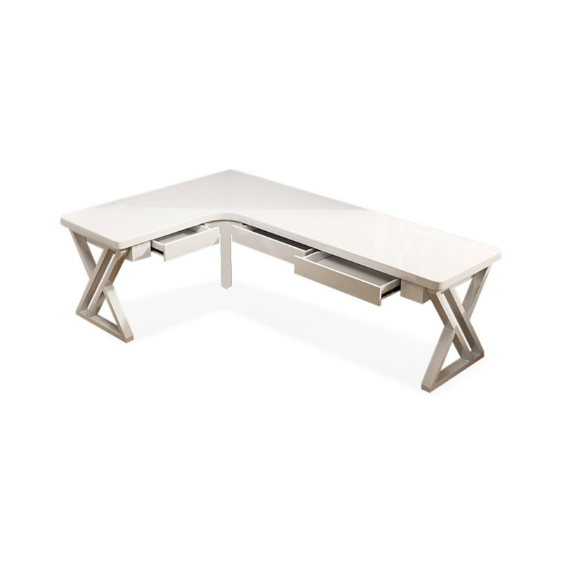 Bureau d'écriture en L en bois massif blanc avec tiroirs, H 29,53 po x l 70,87 po x P 47,24 po, Retour à gauche