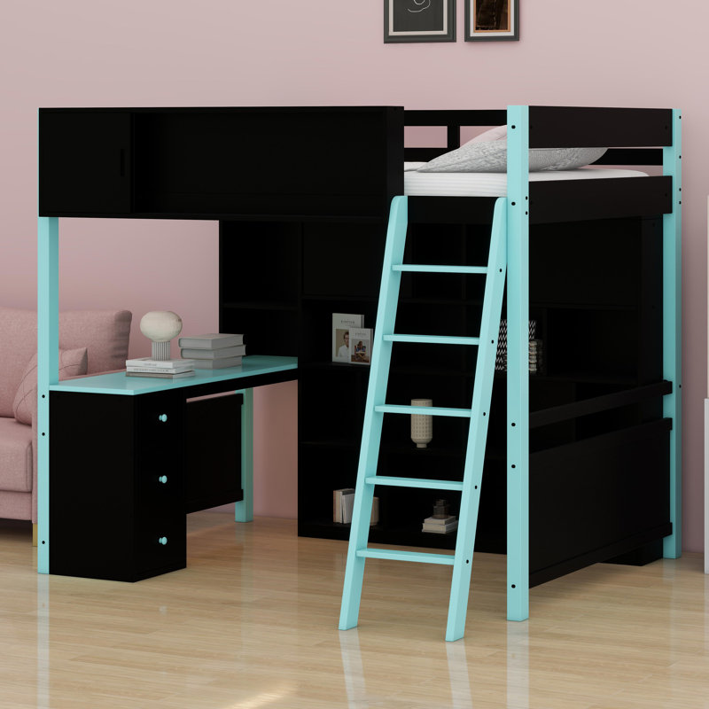 Lit mezzanine en bois avec bureau, Bleu