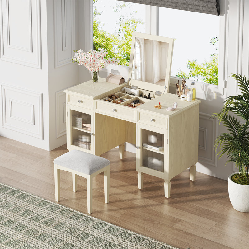 Meuble-lavabo 2 en 1 avec miroir rabattable, coiffeuse avec tiroir et armoire, multifonctionnel pour étude et beauté