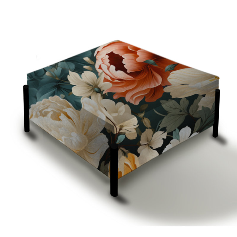 Motif floral rétro jaune, blanc et bleu - Grand repose-pieds carré floral