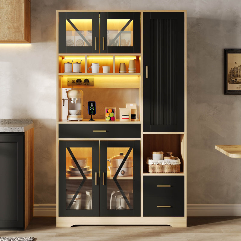 185 Cm Kitchen Pantry With Storage, Black/Natural