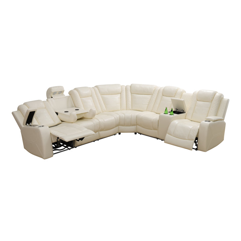 3-Piece Vegan Leather Home Theater Power Reclining Living Room Sectional Sofa Set With Wireless Chargers And LED Lights