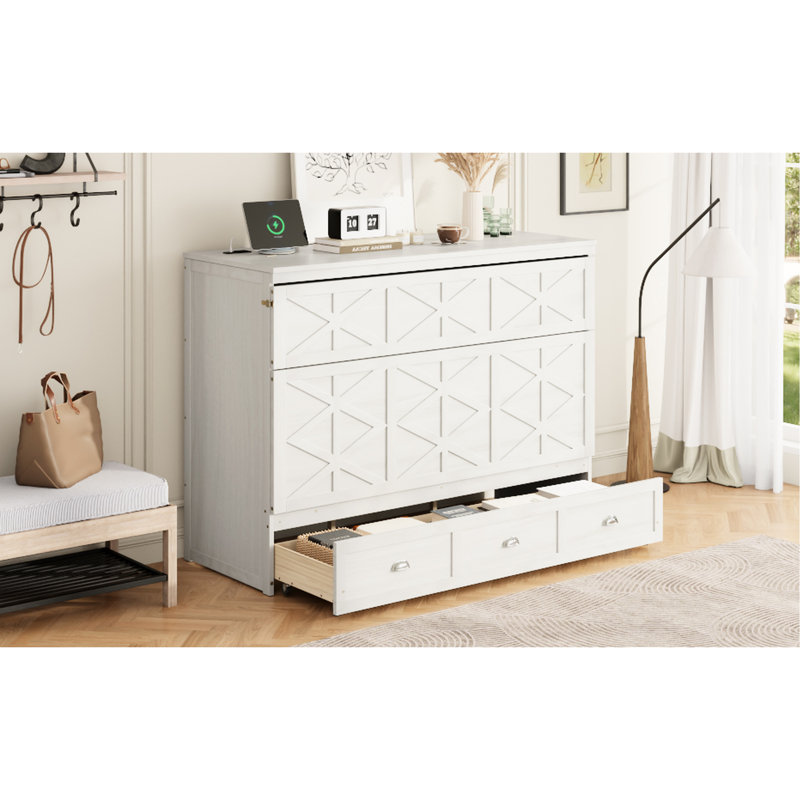 Grand lit avec ports, rangement de tiroir et design élégant en blanc brossé pour des espaces de vie confortables Grands tiroirs, charge, style bien rangé