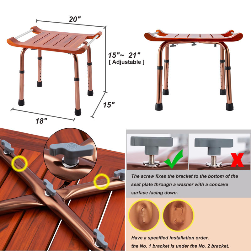 Teak Shower Bench With Handles, Shower Chair For Inside Shower, Height Adjustable Stool, Attached Shower Head Holder Skid Pad