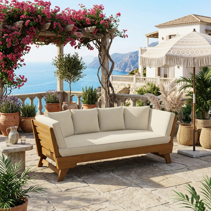 Canapé-lit d'extérieur convertible Lifesky: canapé 3 places pour lit de jour de 82 po - Accoudoirs pliables pour terrasses et balcons compacts - Structure en bois d'acacia massif et coussins résistants à l'eau