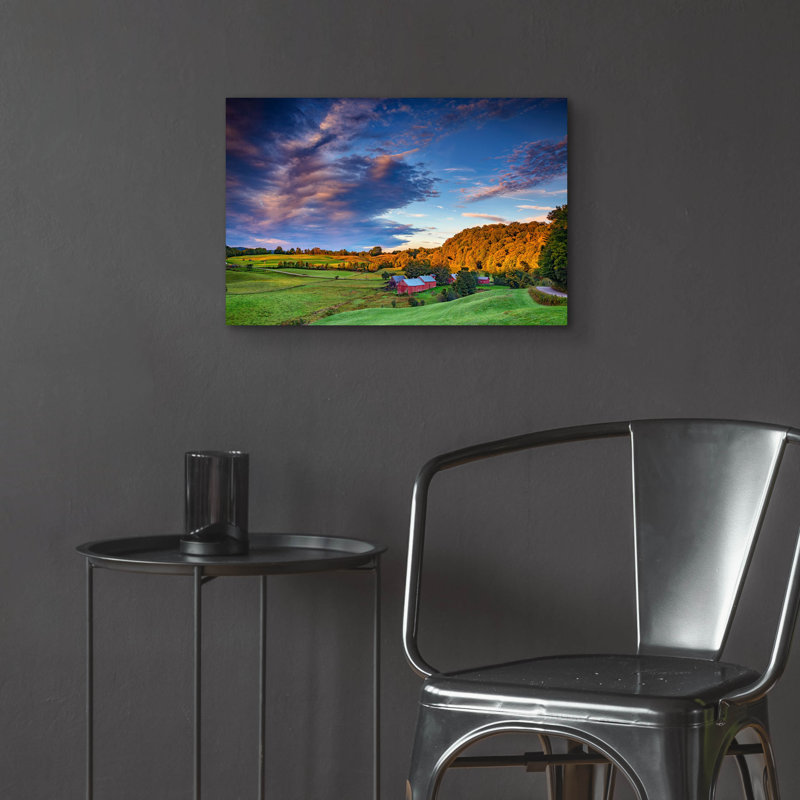 Art mural en verre Ebern Designs «First Light On Jenne Farm» par Rick Berk, H 16 po x l 24 po x P 0,2 po