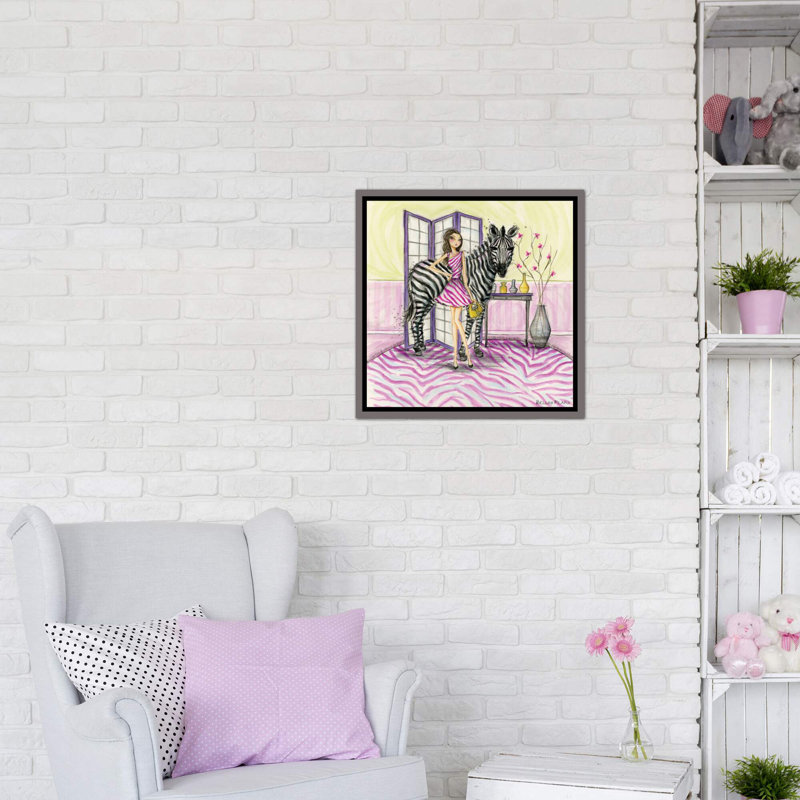 Zoe et zèbre art, H 26 po x l 26 po x P 1,5 po, Toile encadrée de bois rustique foncé