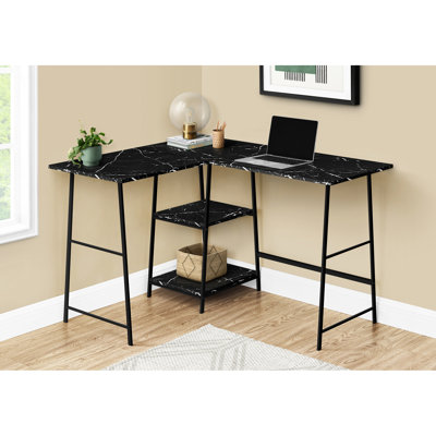 Bureau d'ordinateur en forme de L en marbre noir, pieds en métal et tablettes de rangement pour bureau à domicile, bureau en métal stratifié, conception peu encombrante
