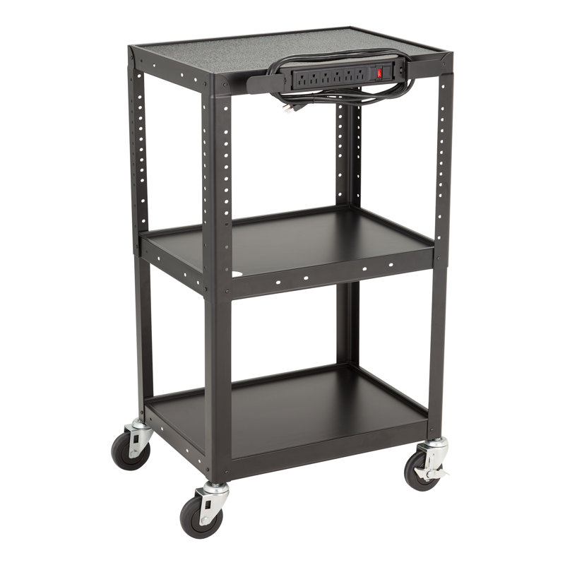 Black Alloy Steel Rolling AV Media Cart with Adjustable Shelves