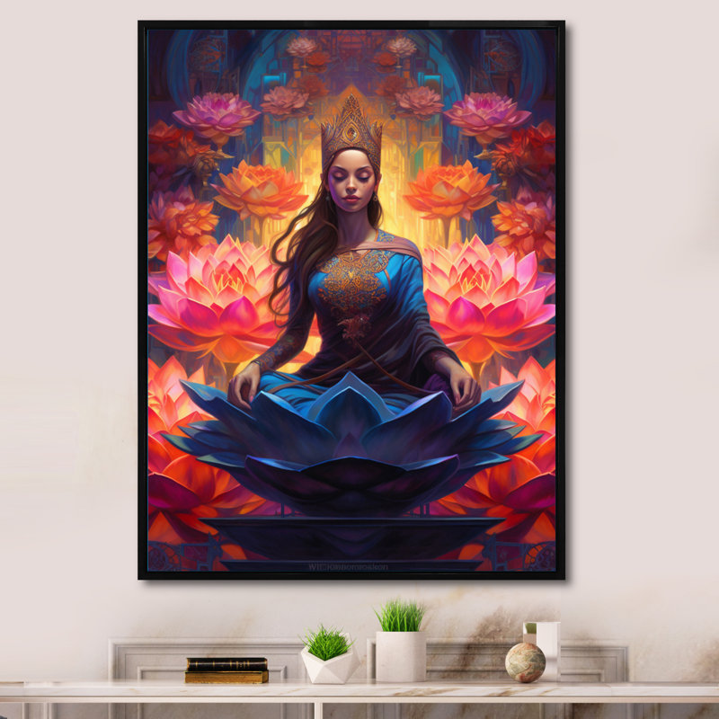 Bleu, rose, yoga, fleur de lotus, yogini, femme, 32" H x 16" W, Cadre flottant noir