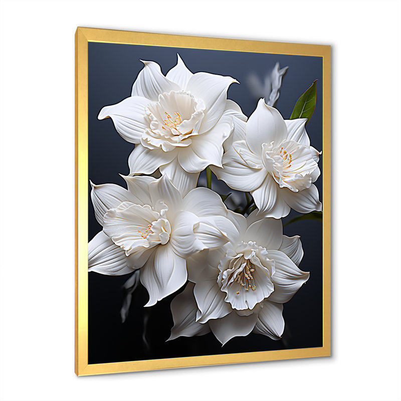 Jonquilles blanches sur toile, Cadre doré simple, H 32 po x l 24 po x P 1 po