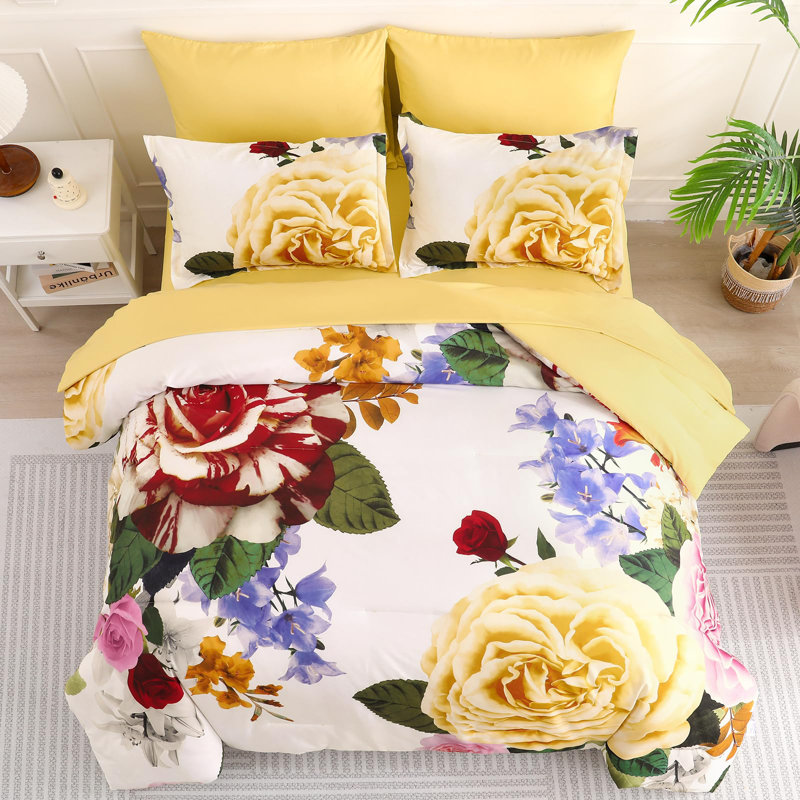Ensemble d'édredon floral 7 pièces avec draps et taies d'oreiller, Édredon de très grande taille et 6 pièces suppl, Jaune