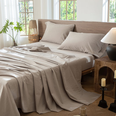 MooMee Flat Sheet 100% Washed Cotton Linen Like Textured Breathable Lightweight