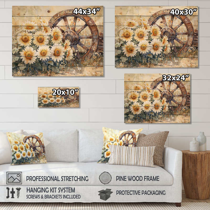 Tournesols par la roue du chariot - Décoration murale en bois de tournesols - sur bois de pin naturel
