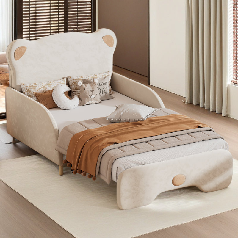 Canapé-lit simple rembourré extensible de taille XL, tête de lit en forme d'ours, beige