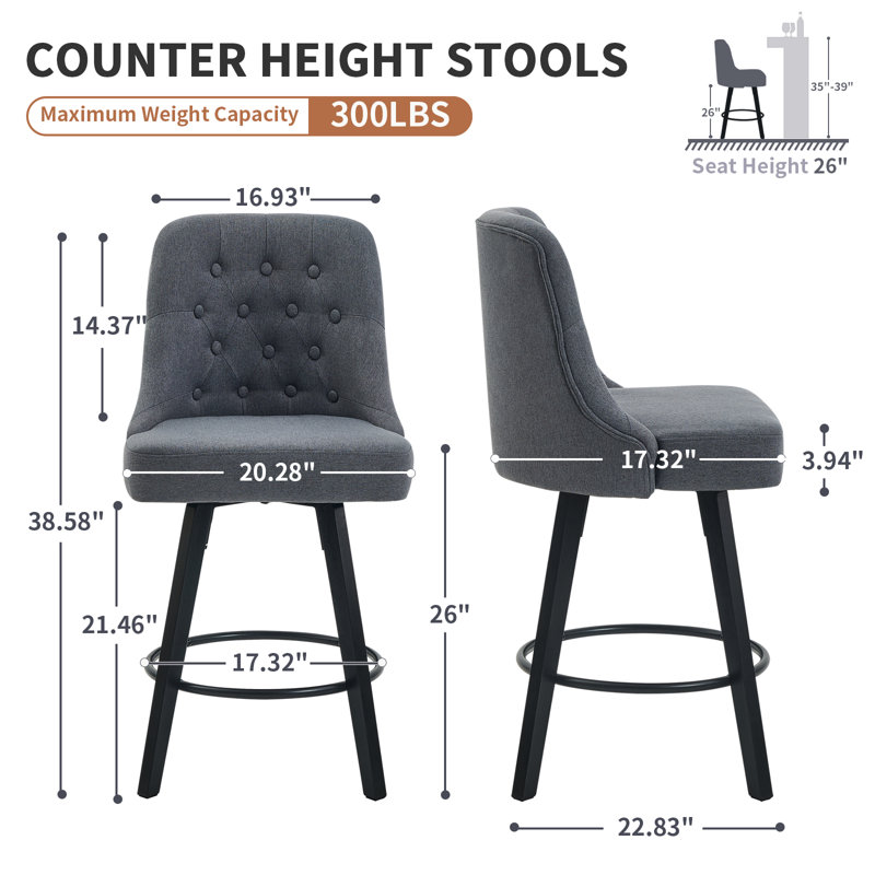 Swivel Bar Stools, 26'' Upholstered Counter Stool with Solid Wood Frame, Gray