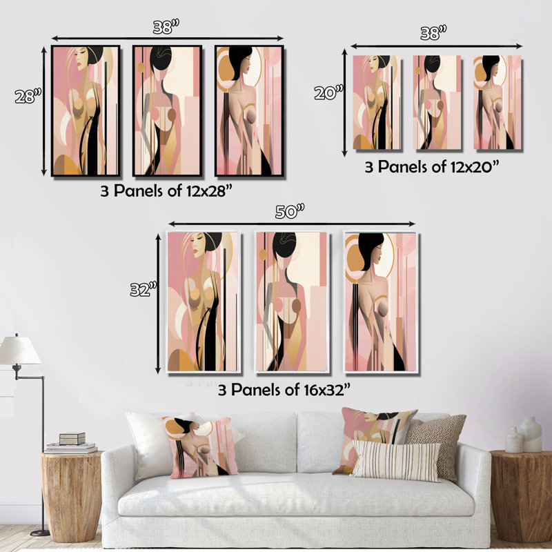 «Sensual Elegance Woman» en rose et or - ensemble de 3 impressions, Toile tendue, H 20 po x l 36 po