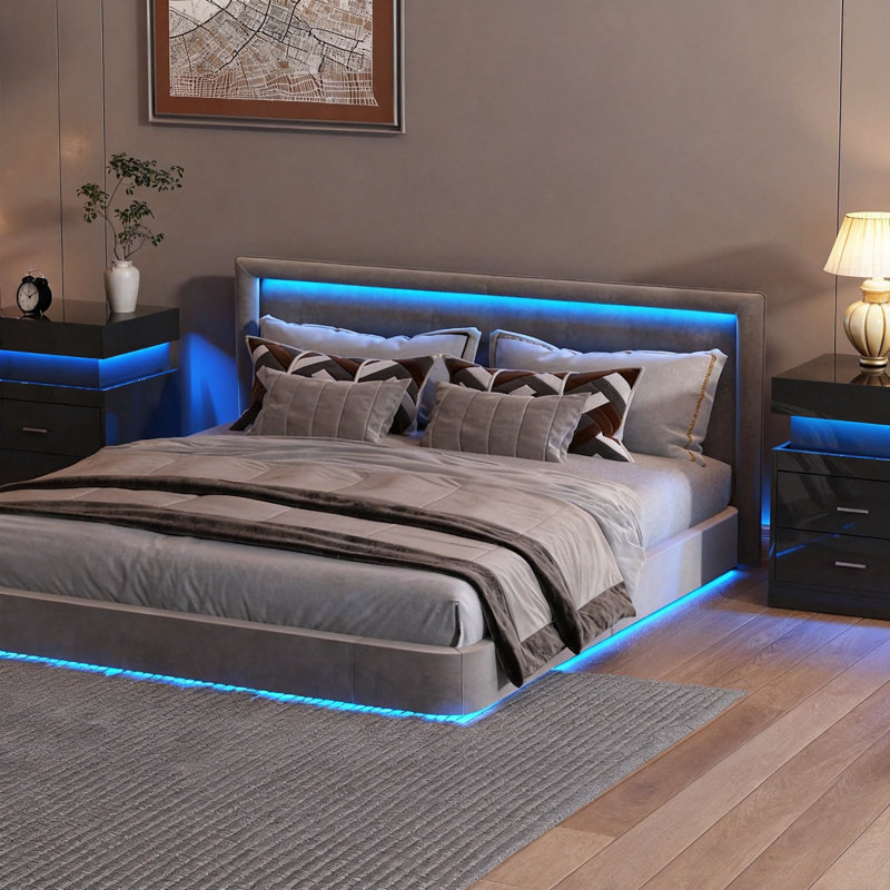 Table de chevet à DEL avec station de charge, table de chevet intelligente avec rangement coulissant, table de chevet ultrabrillante à 2 tiroirs, table de bout moderne pour la chambre à coucher (noir)