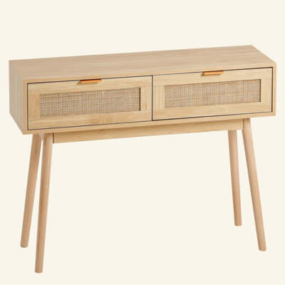 Console en rotin avec 2 tiroirs de rangement, table d'entrée en rotin avec porte coulissante en rotin naturel, table console pour salon, bureau, entrée ou mur télé