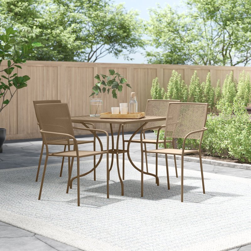 Chanea 35.5'' Square Indoor-Outdoor Steel Patio Table Set with 4 Square Back Chairs, Gold