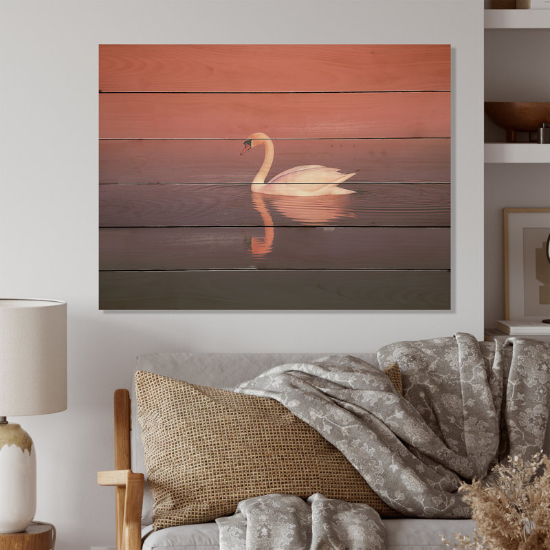 Corail, cygne au crépuscule - cygnes, art sur bois de pin naturel, H 30 po x l 40 po